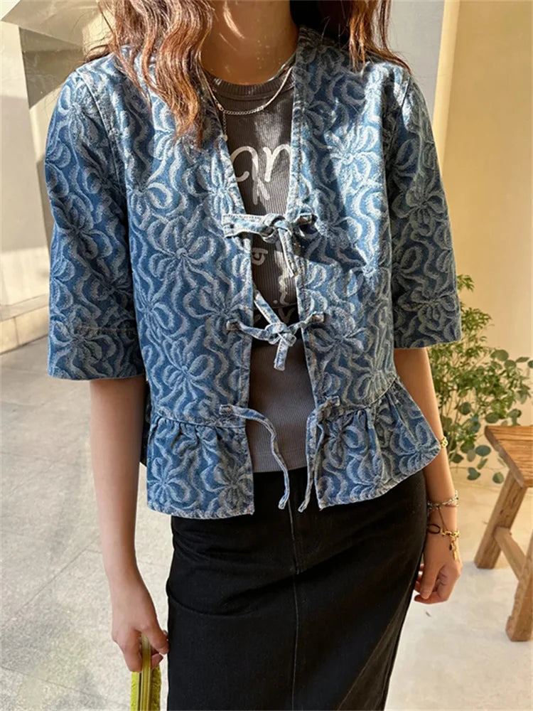 Retro Denim Bluse mit geometrischem Muster