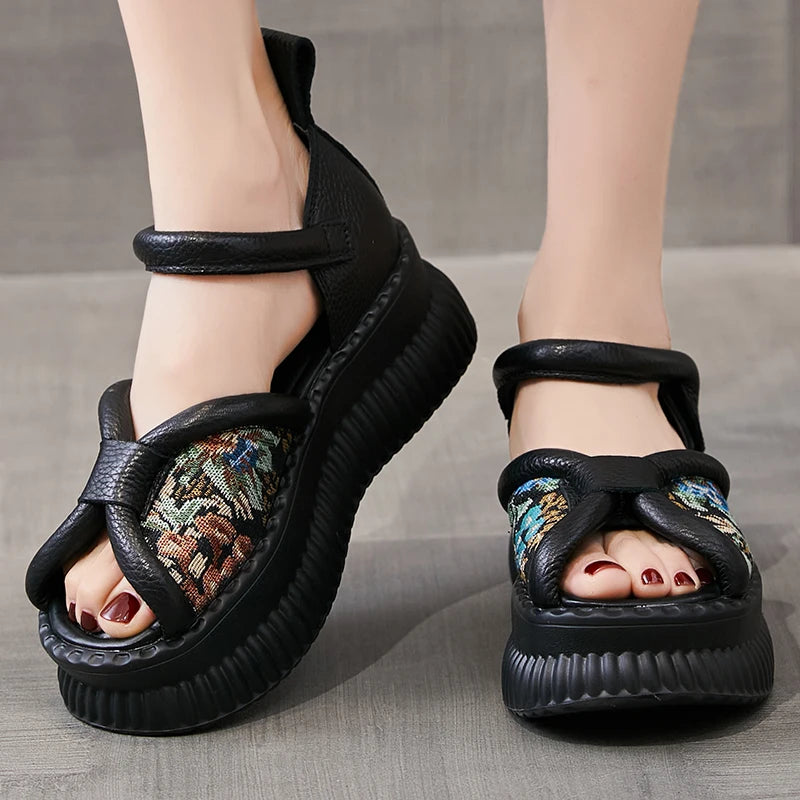 Real Leather Retro Sandals with Thick Soles