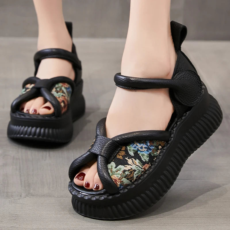 Real Leather Retro Sandals with Thick Soles