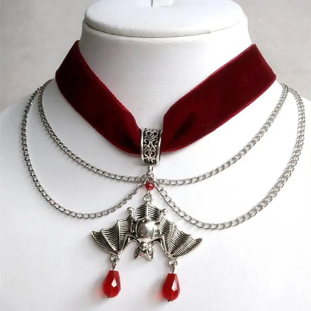 Seductive Goth Red Velvet Choker with Bat Pendant
