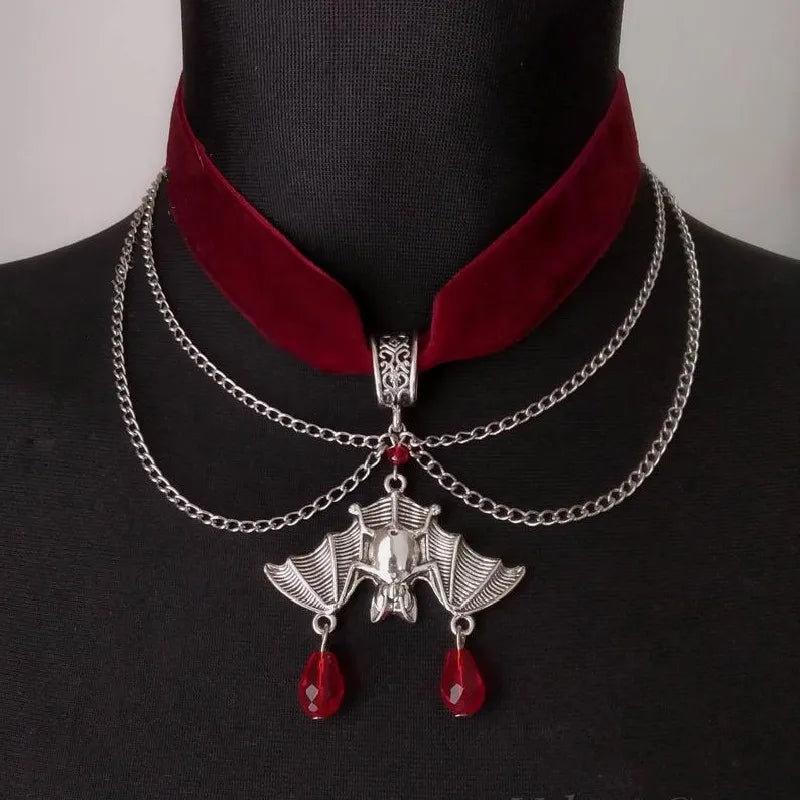 Seductive Goth Red Velvet Choker with Bat Pendant