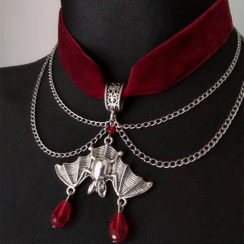 Seductive Goth Red Velvet Choker with Bat Pendant
