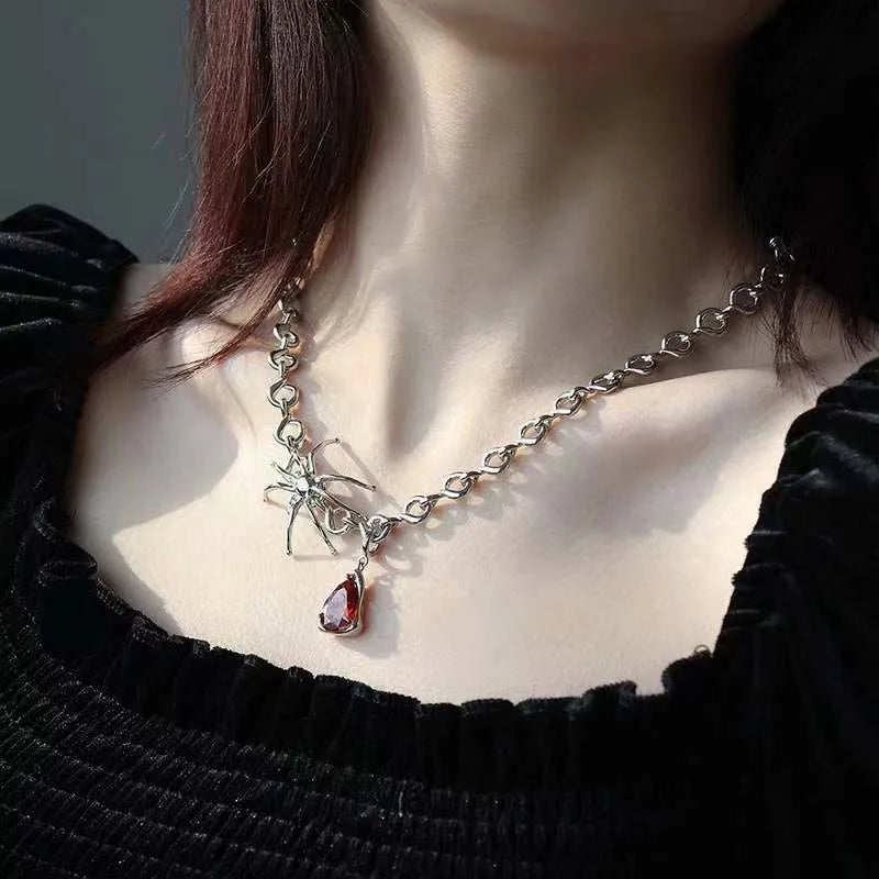Dark Blood Red Spider Pendant Necklace for Intriguing Women