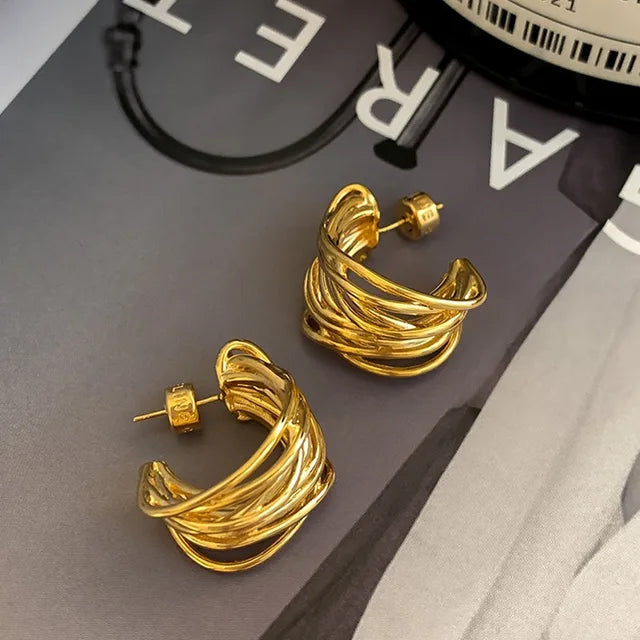 Schimmernder Kreis Goldener Glanz Mehrlagige Runde Ohrstecker