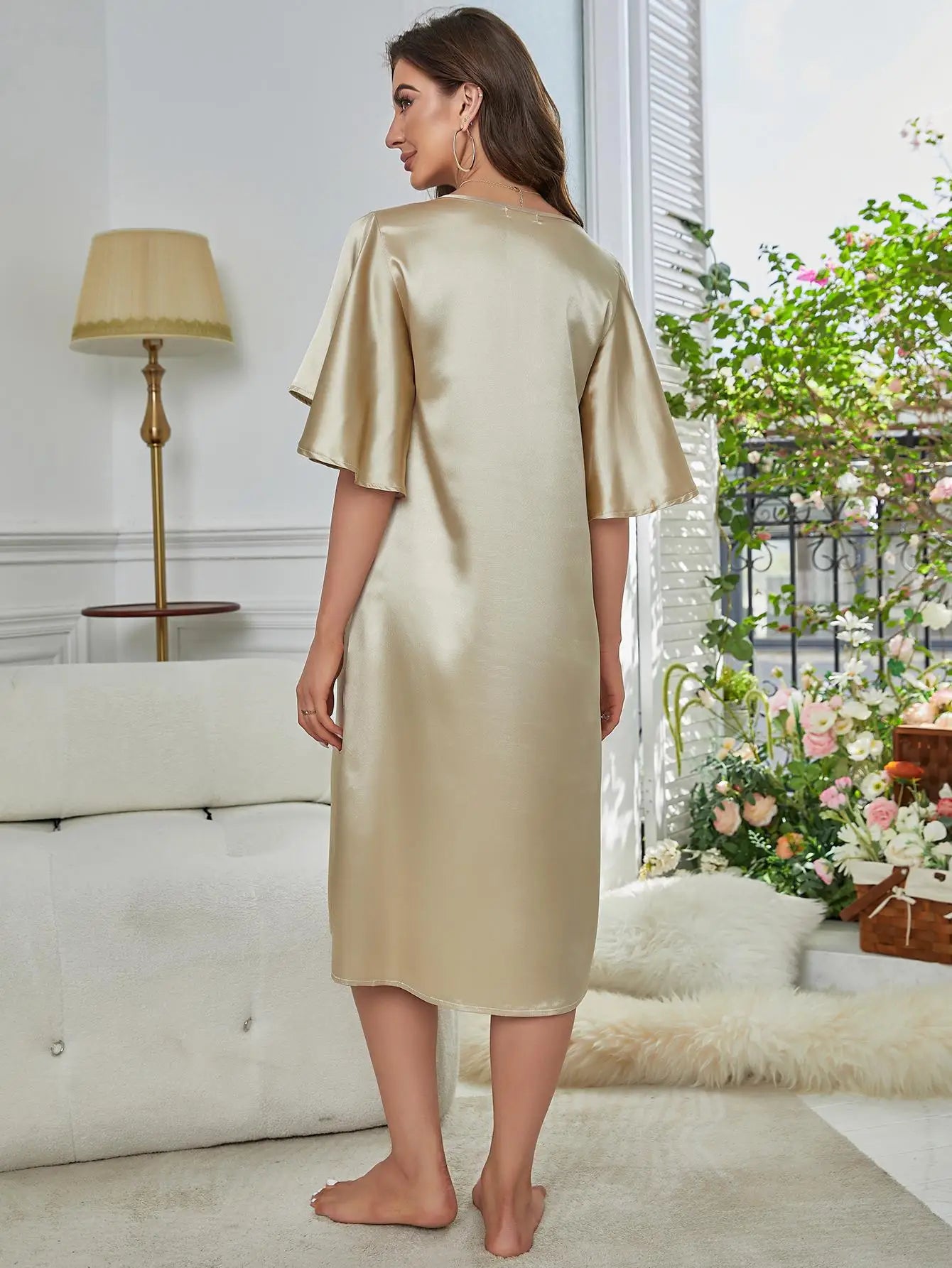 NewGold Luxe Seta Satinata Camicia da Notte con Scollo a V