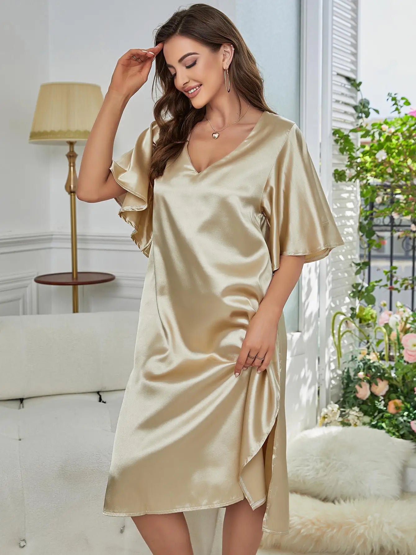 NewGold Luxe Seta Satinata Camicia da Notte con Scollo a V