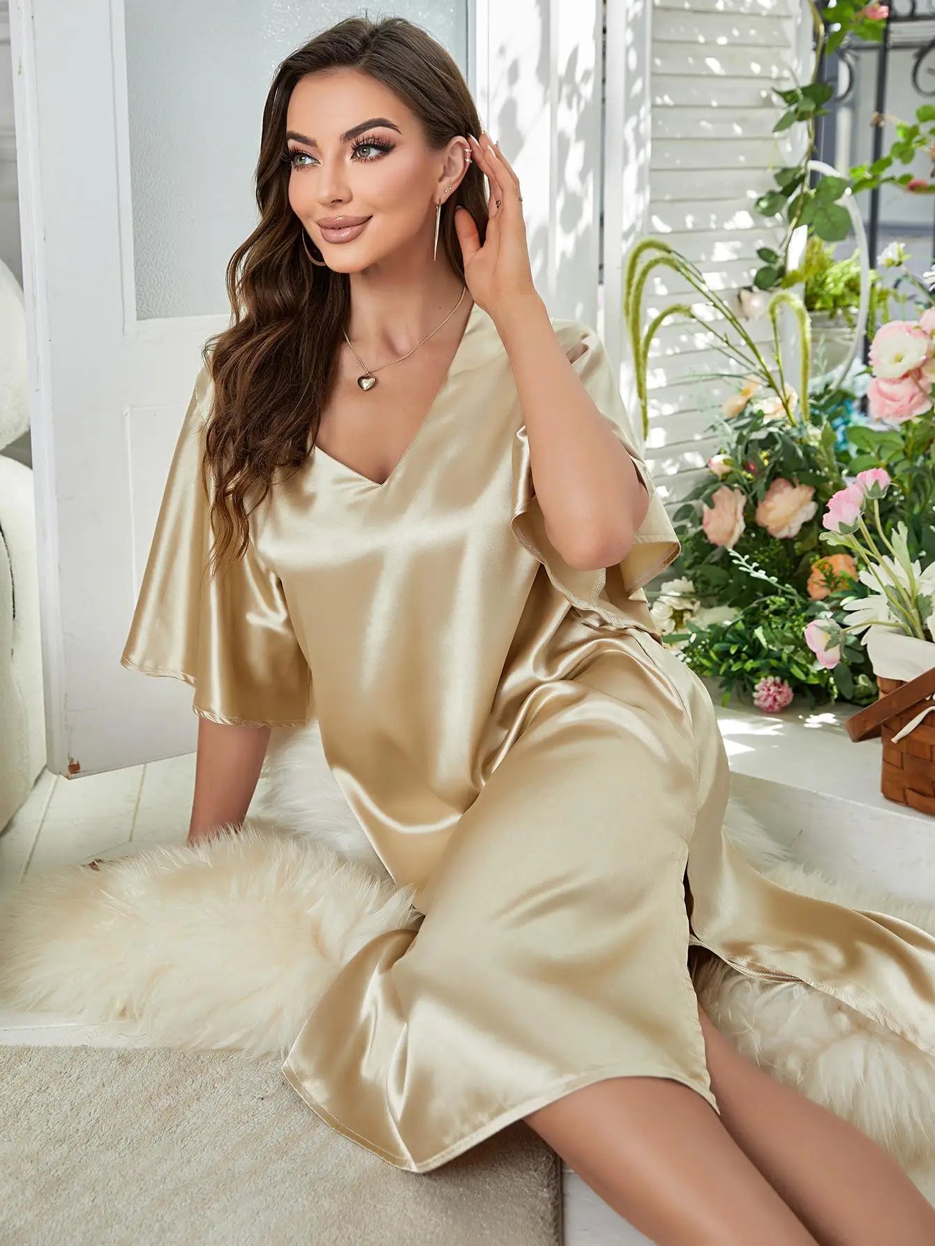 NewGold Luxe Seta Satinata Camicia da Notte con Scollo a V