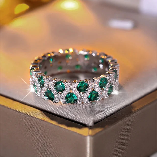 BrillanteBloesem Green Crystal Engagement and Wedding Rings Set