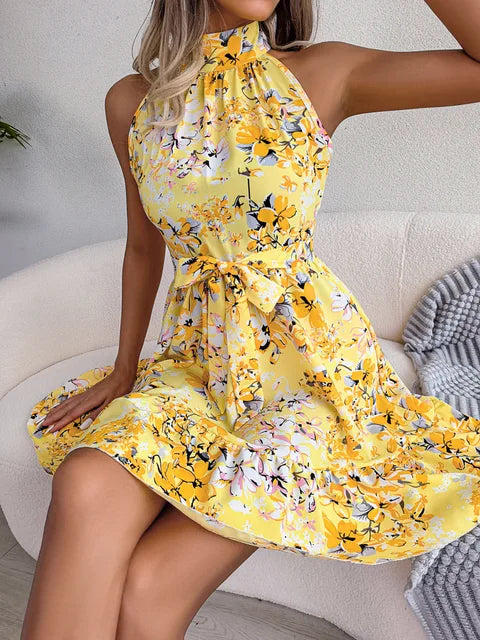Aurora women's dress with large flowers and lace ruffles
