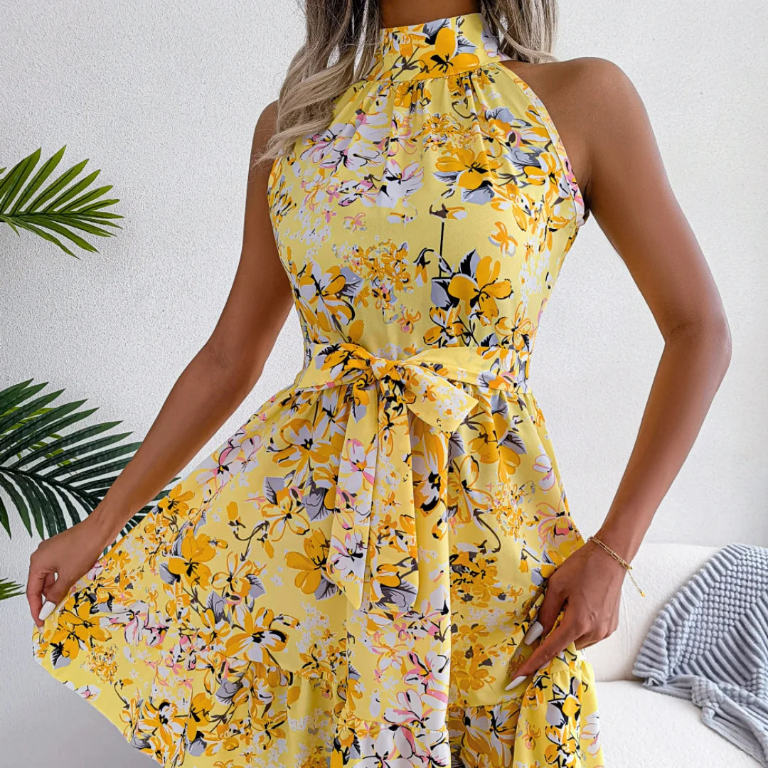 Aurora women's dress with large flowers and lace ruffles