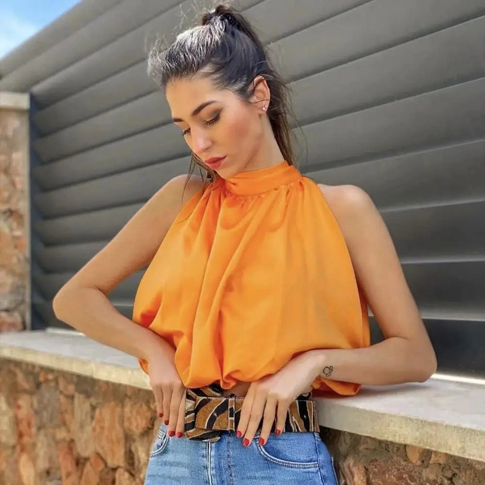 Selina | Sexy bauchfreies Neckholder-Top für Damen | Orange