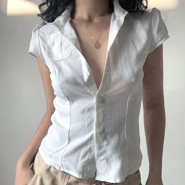 ZomerZucht Camicetta Bianca con Bottoni e Tasche