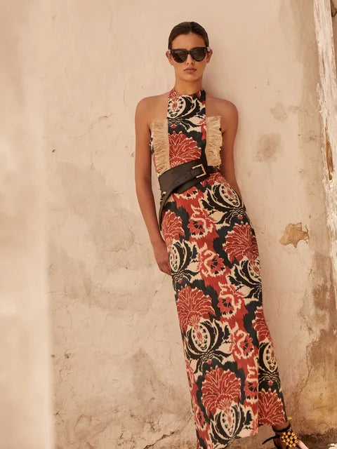 LuxeChic Halter Tassel Maxi Jurk