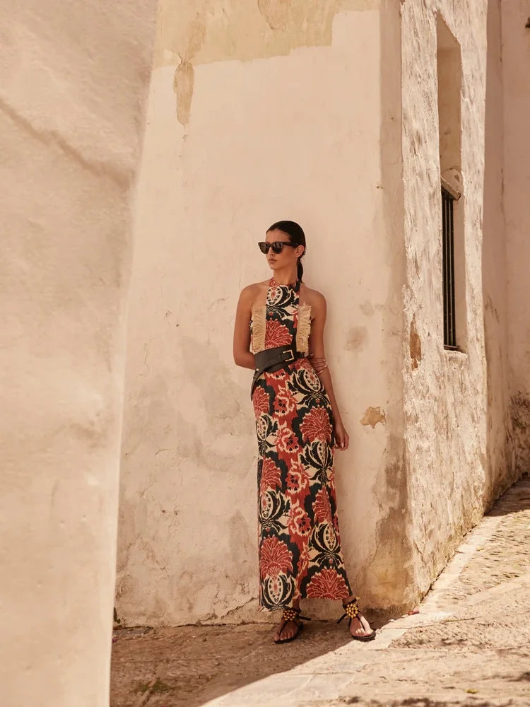 LuxeChic Halter Tassel Maxi Jurk
