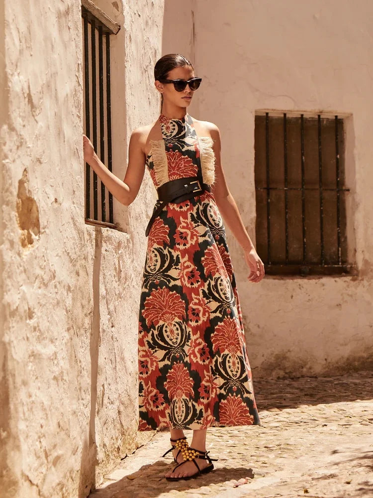 LuxeChic Halter Tassel Maxi Jurk