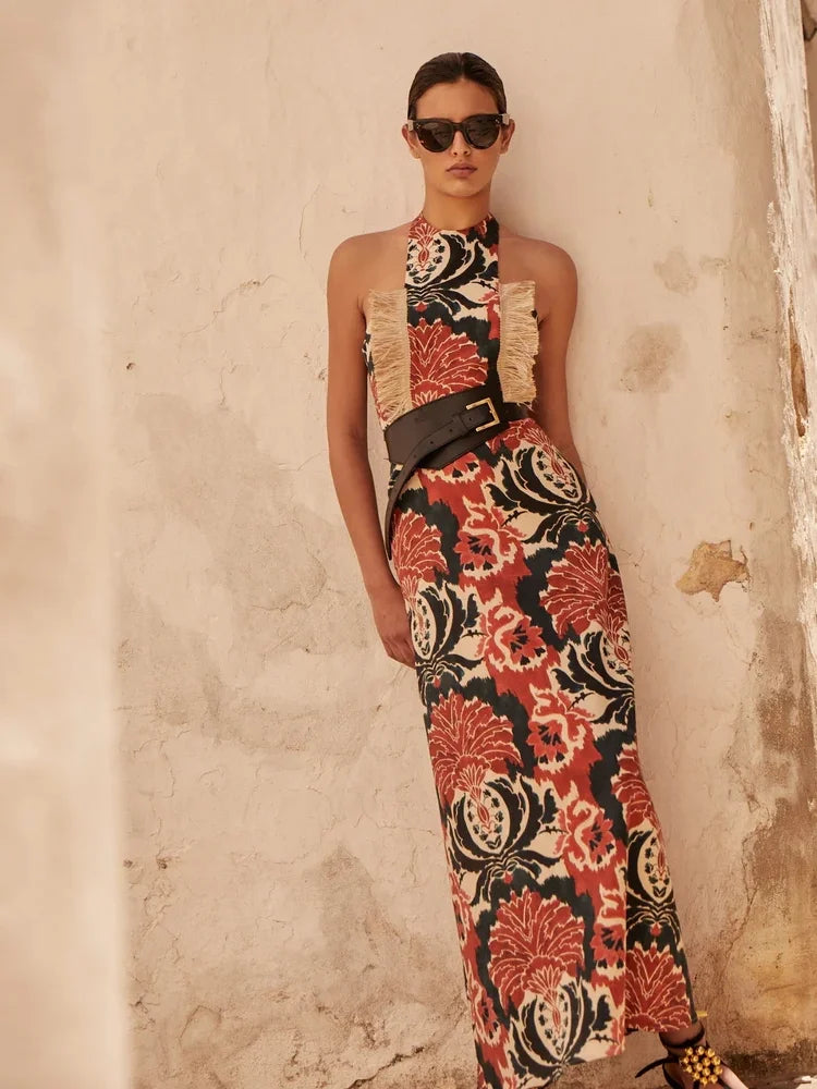 LuxeChic Halter Tassel Maxi Jurk