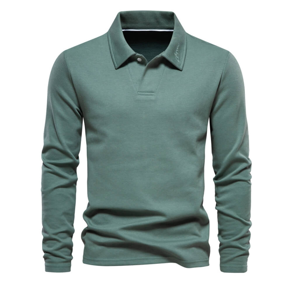 Afbeelding van de Harron sweatshirt in een trendy groenblauwe kleur. Dit casual sweatshirt heeft lange mouwen en een klassieke polokraag zonder knopen, wat zorgt voor een stijlvolle en minimalistische look. Het zachte, comfortabele materiaal biedt een perfecte pasvorm, ideaal voor dagelijks gebruik of ontspannen gelegenheden.