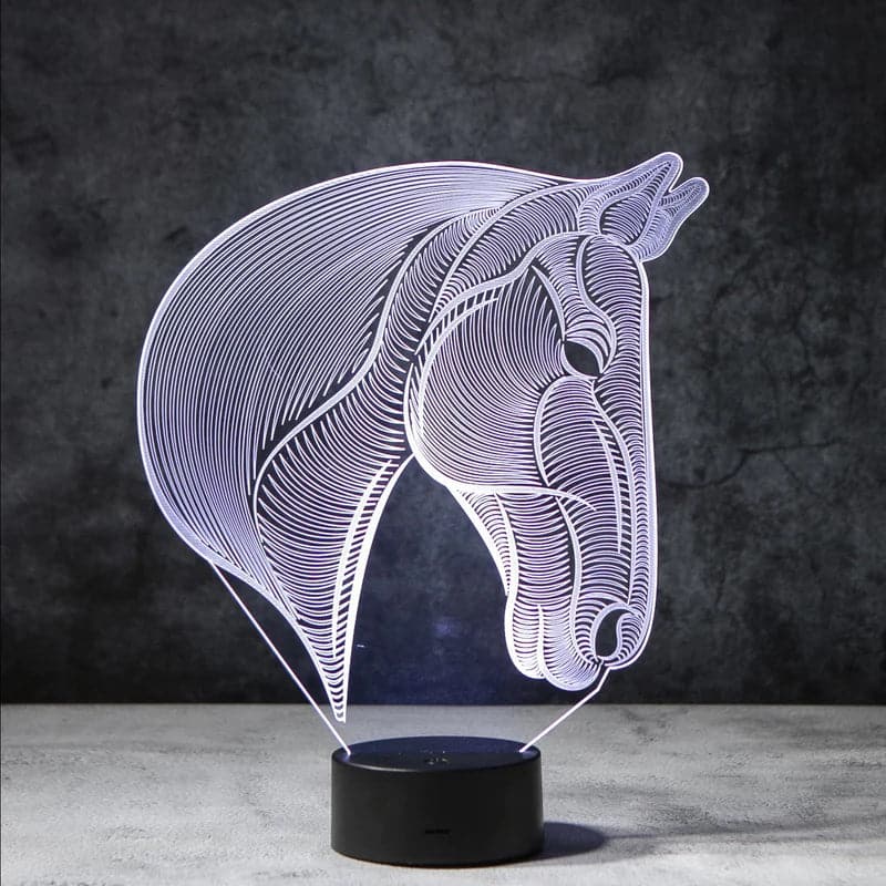 Een 3D-nachtlamp in de vorm van een paardenhoofd, die in zacht licht straalt. Deze moderne lamp creëert een rustgevende sfeer en is uitstekend geschikt om uw ruimte een elegante en ontspannende uitstraling te geven.