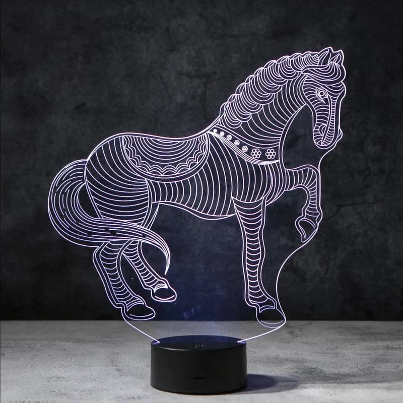 Een stijlvolle 3D-nachtlamp in de vorm van een elegant paard, dat in zacht licht straalt. Deze moderne lamp zorgt voor een rustgevende sfeer en is perfect voor elke slaapkamer of woonkamer om een gezellige en ontspannende stemming te creëren.