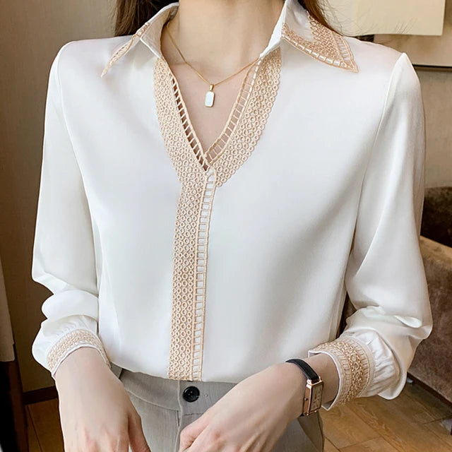 Autumn Elegance: White Chiffon Blouse with Long Sleeves