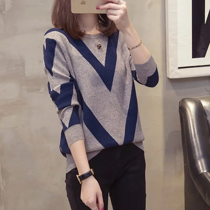 Geometrischer Kontrast Langarm Pullover für Frauen
