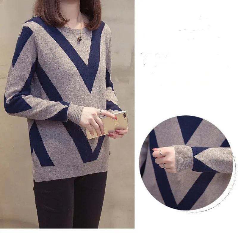 Geometrischer Kontrast Langarm Pullover für Frauen