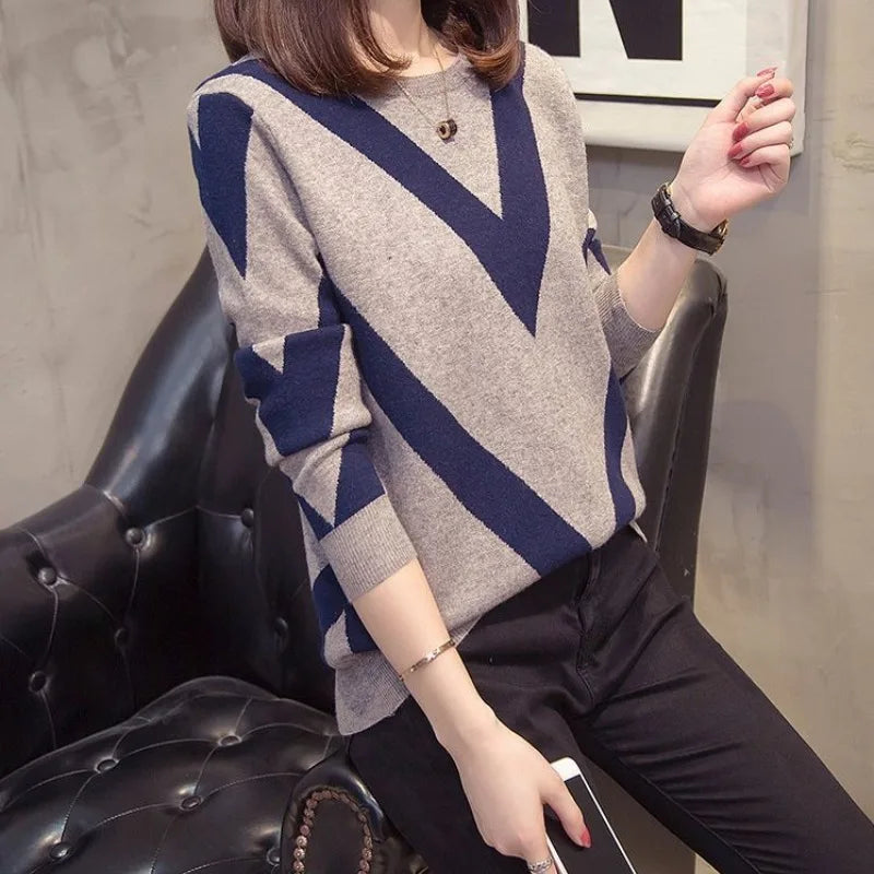 Geometrischer Kontrast Langarm Pullover für Frauen