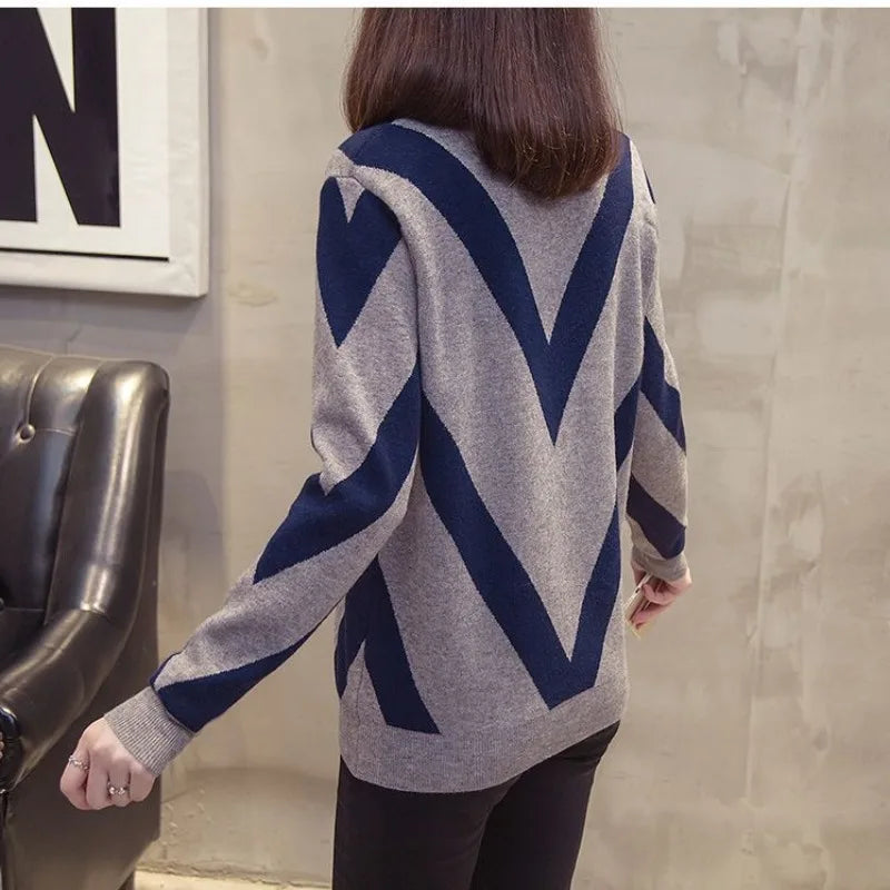 Geometrischer Kontrast Langarm Pullover für Frauen