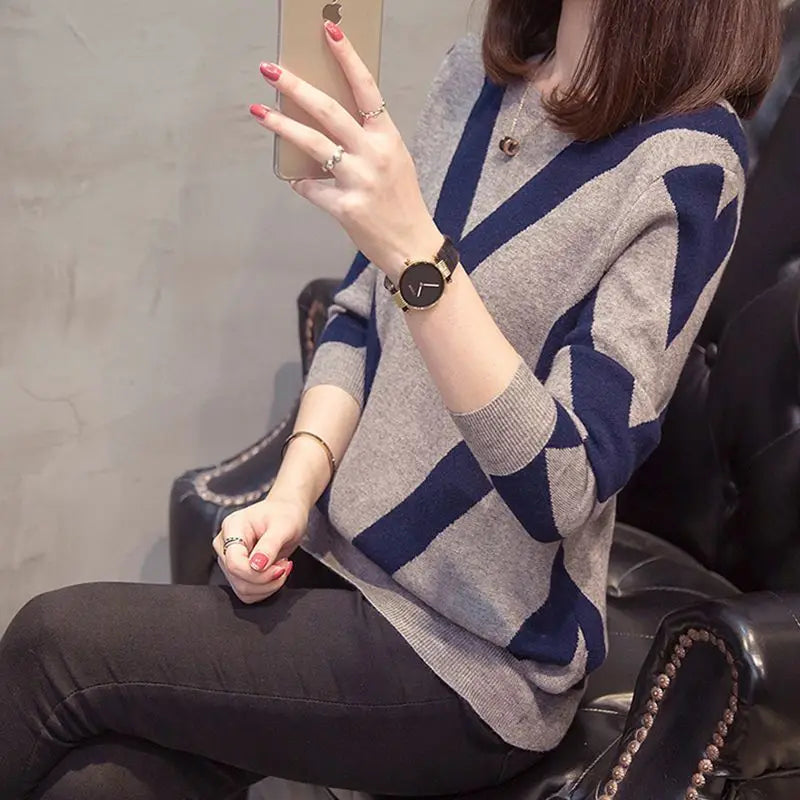 Geometrischer Kontrast Langarm Pullover für Frauen