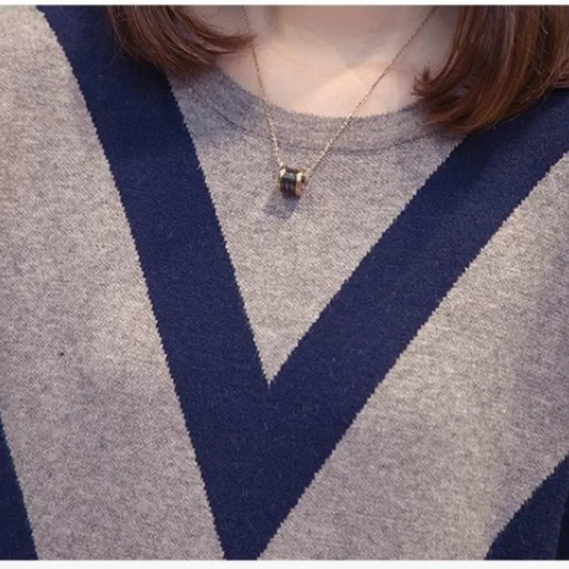 Geometrischer Kontrast Langarm Pullover für Frauen