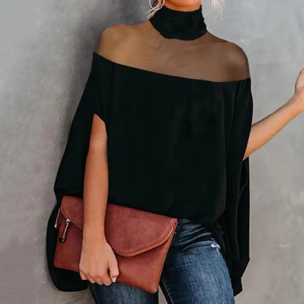 Top in rete trasparente con collo a mezza altezza per donna