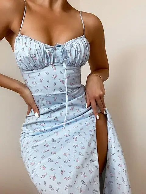 Satin Slip Maxi Jurk met Bloemen en Ruches