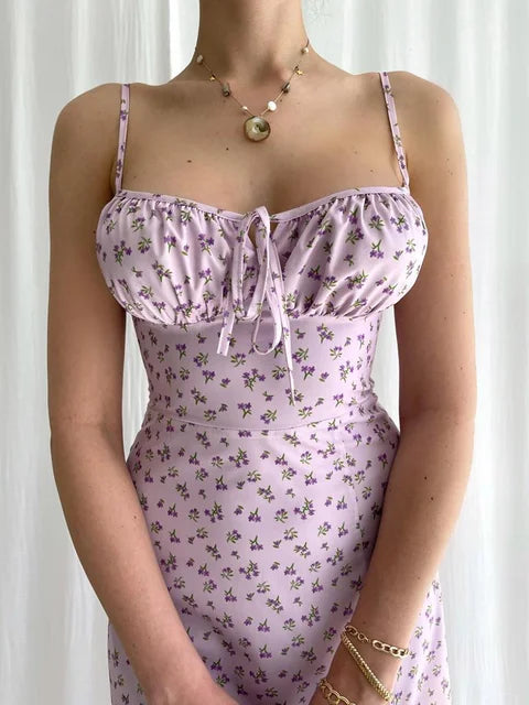 Satin Slip Maxi Jurk met Bloemen en Ruches