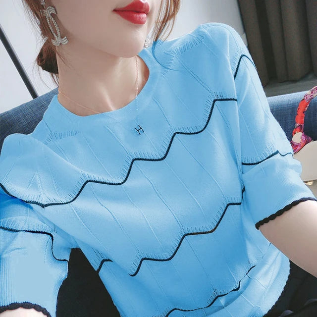 Camicia coreana a maniche corte a righe di seta ghiaccio