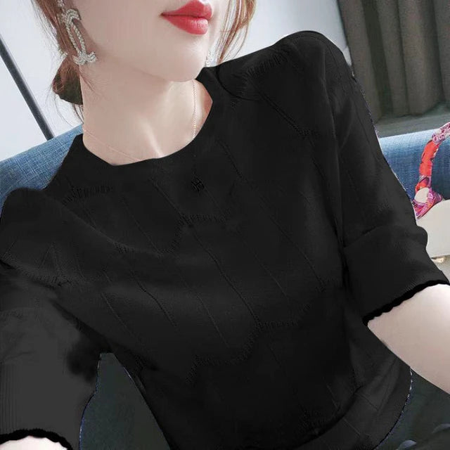 Camicia coreana a maniche corte a righe di seta ghiaccio