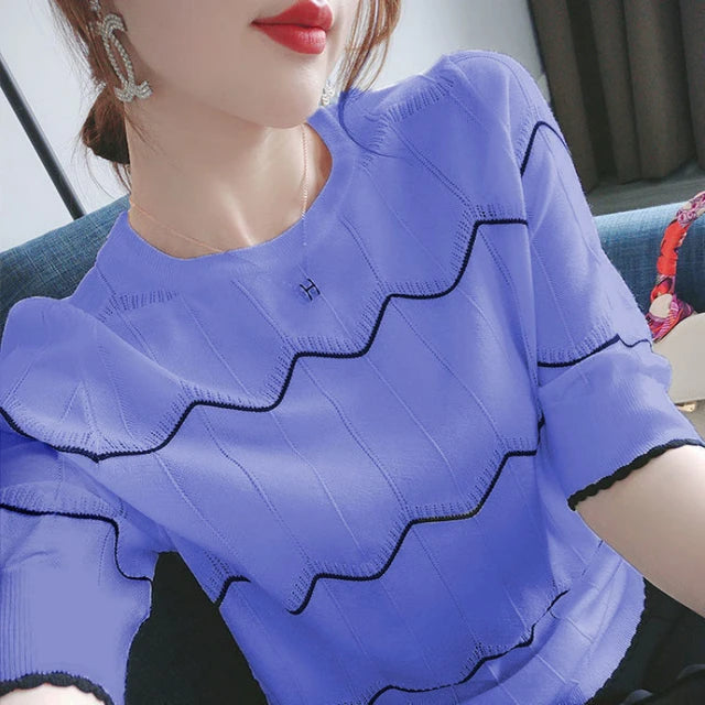 Camicia coreana a maniche corte a righe di seta ghiaccio