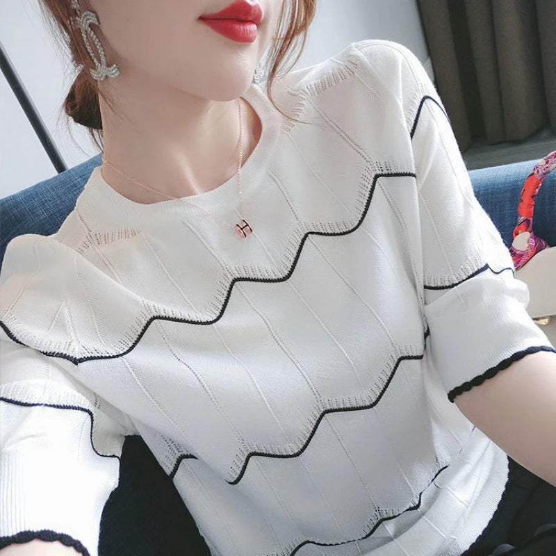 Camicia coreana a maniche corte a righe di seta ghiaccio