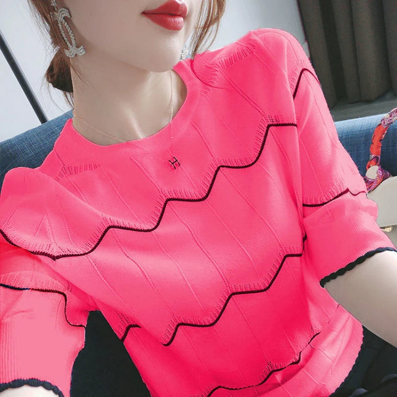 Camicia coreana a maniche corte a righe di seta ghiaccio