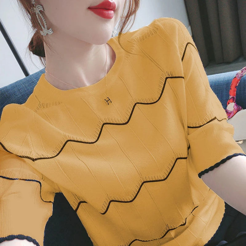 Camicia coreana a maniche corte a righe di seta ghiaccio