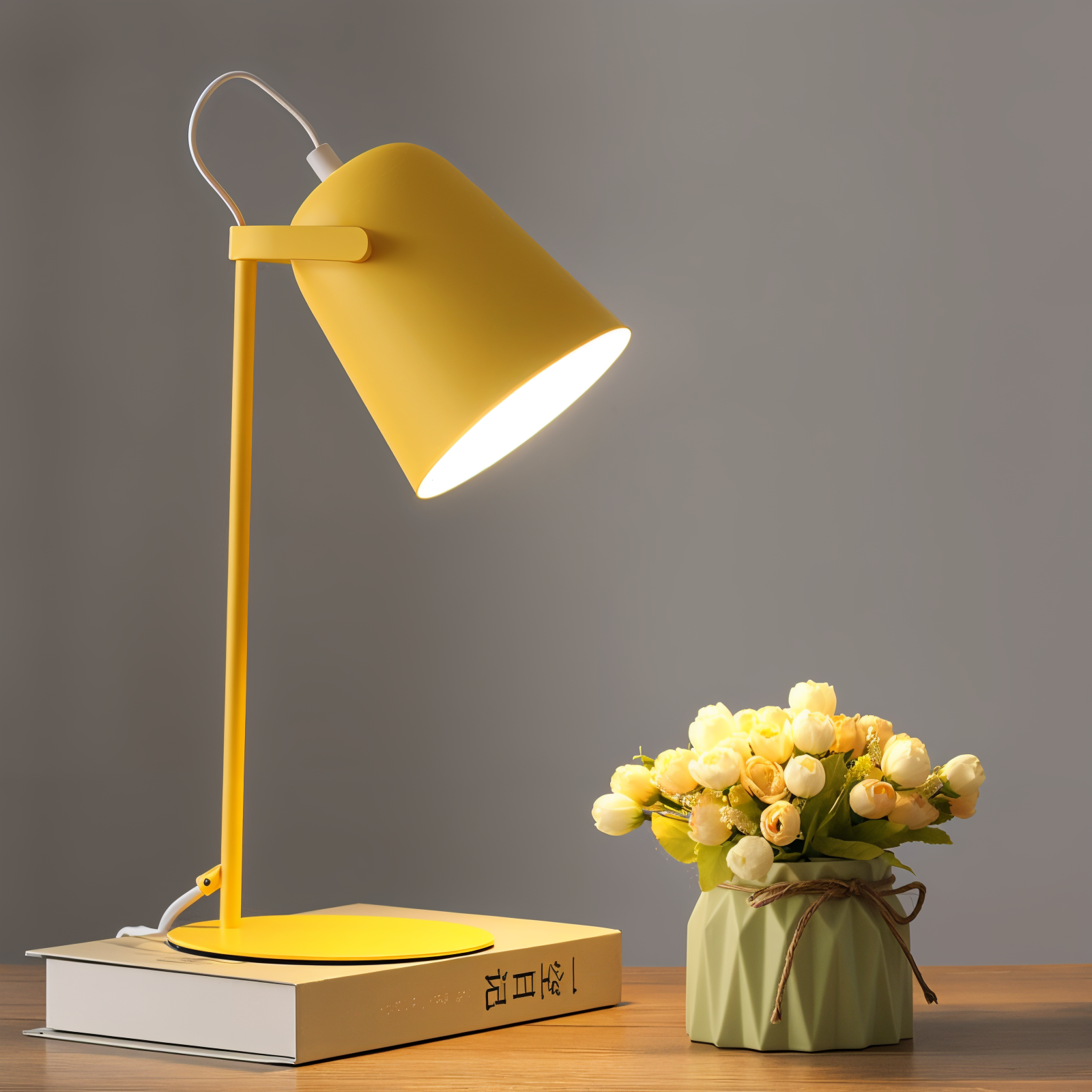 JAVERTA verstelbare lamp met een moderne gele lampenkap, geplaatst op een tafel met een boek en een vaas bloemen