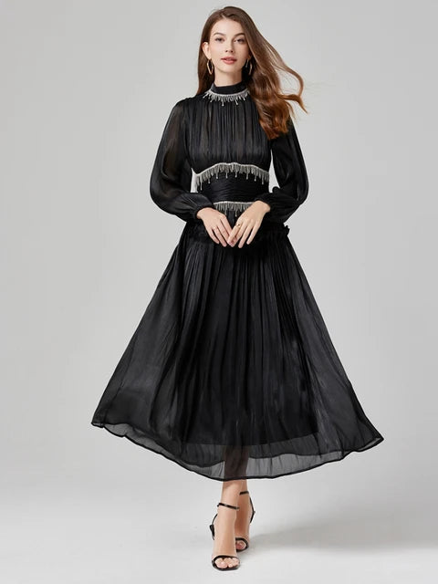 Zomergala Luxe Glanzende Diamanten Kettingkwastjes Geplooide Promjurk