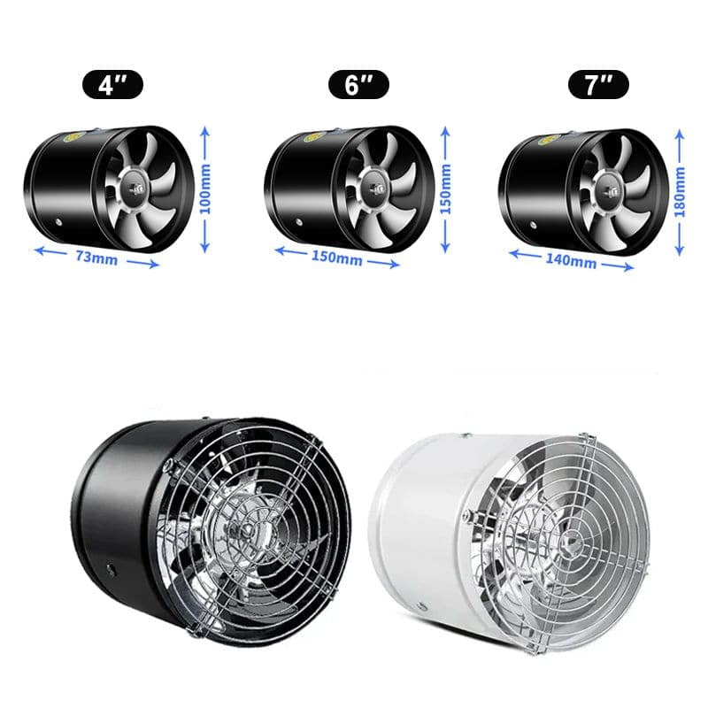 Een assortiment van luchtventilatoren in verschillende maten (4", 6", en 7") in zwart en wit. De ventilatoren zijn ontworpen om efficiënt lucht te verplaatsen en hebben een robuuste constructie met een metalen rooster voor extra bescherming. De maten en afmetingen worden duidelijk weergegeven voor elke variant.