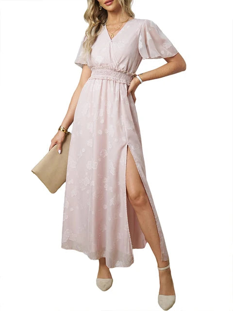 Women's dresses 2024 - V-neck, high waist, striped long dress with jacquard pattern