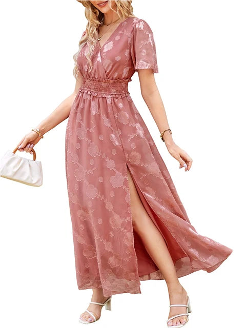 Women's dresses 2024 - V-neck, high waist, striped long dress with jacquard pattern
