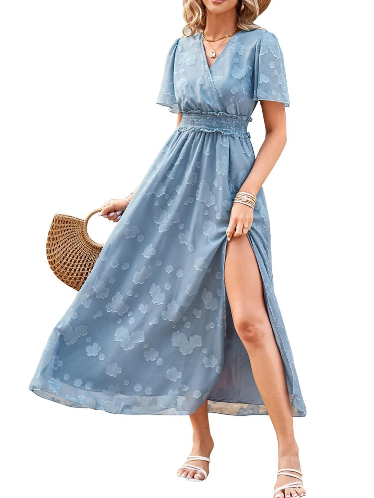 Women's dresses 2024 - V-neck, high waist, striped long dress with jacquard pattern