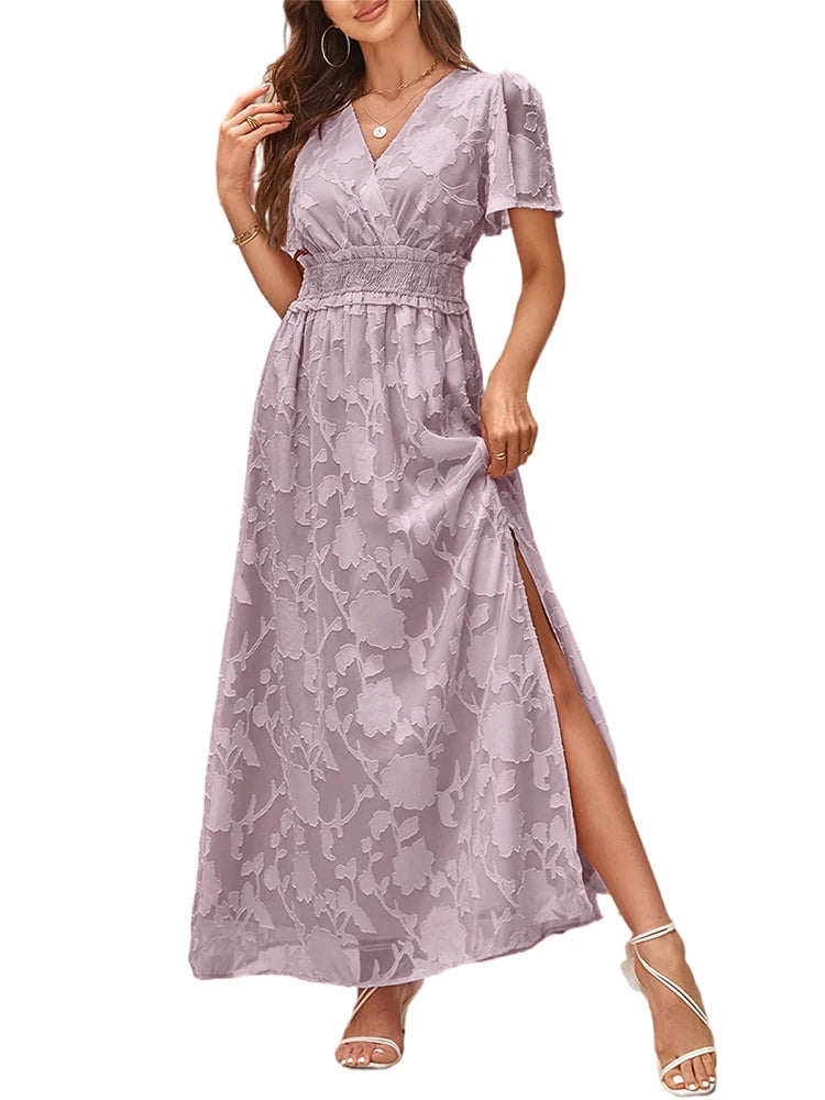 Women's dresses 2024 - V-neck, high waist, striped long dress with jacquard pattern