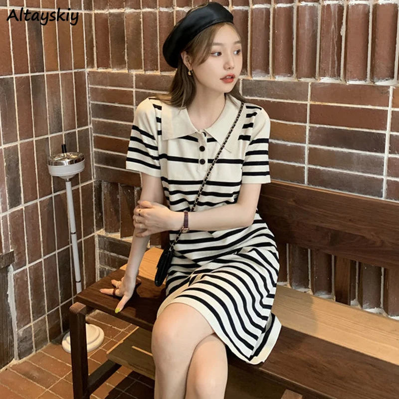 ChicAllure Striped Knit Dress with Collar