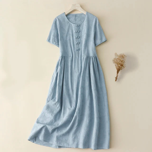 Cotton Linen Embroidered Short Sleeve Paneled Dress