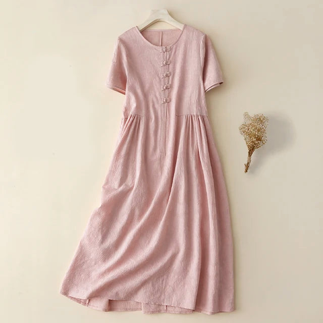 Baumwolle Leinen Besticktes Kurzarm Paneelkleid
