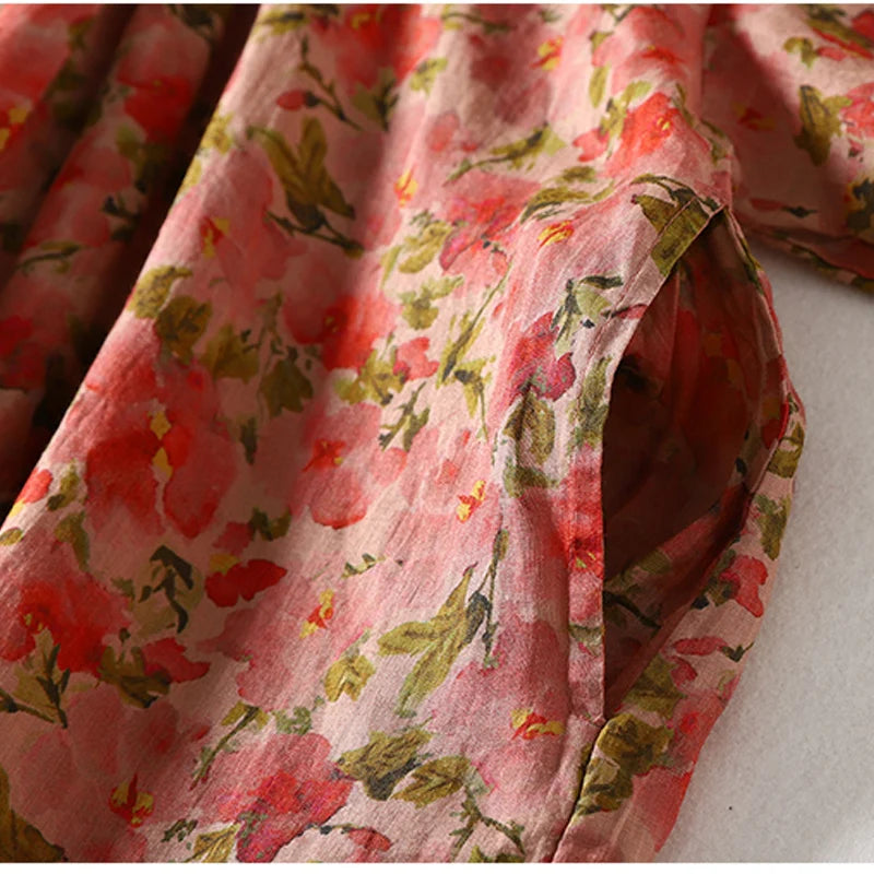 Summer Breeze Cotton and Linen Printed Pressed Pleated Short Sleeve Dress